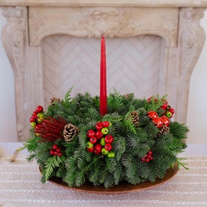 Red & Green Crab Apple. Holiday Decoration, fresh Christmas, Real Centerpiece, Candle Holder, Event western cedar, Noble Fir.