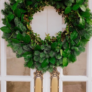 MAJESTIC, Fresh Noble fir, Fresh salal, Red huckleberry, Holiday Wreath, Fresh Wreath, Door Wreath, Hanging Wreath, Lemon Leaf, Event Decor.