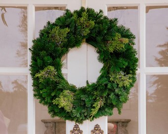 Blue Jay, Fresh Noble Fir, Fresh Juniper, White Pine, Holiday Decoration, Hanging wreath, Door Wreath, Real Wreath, Christmas Decorations.