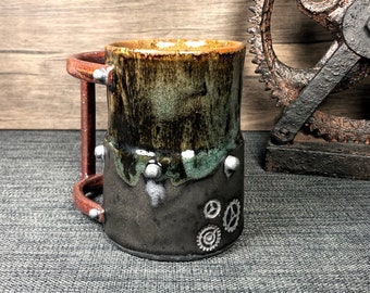 Industriële mok, steampunkmok, gele keramische mok, aardewerkmok