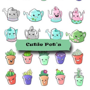 Kawaii Suculentas Planner Stickers! Cutie Pots! ¡Suculentas, cactus y pegatinas de latas de riego! Bullet Journal Stickers!