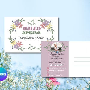 Postal Hola Primavera de Bienes Raíces, Tarjeta de Primavera de Agente Inmobiliario, Tarjeta de Agricultura de Agente Inmobiliario, Marketing inmobiliario, Editable, Canva, Descarga Instantánea