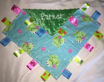 Newborn Gift Lovey Baby Boy Blanket Personalized Tag Sensory Blanket Frogs Newborn Gift Lovey Baby Boy Blanket Personalized Tag Sensory Blanket Frogs