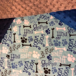 Woof Woof, Dog Bone, Paw Print, Blue Sensory Baby Blanket Toy