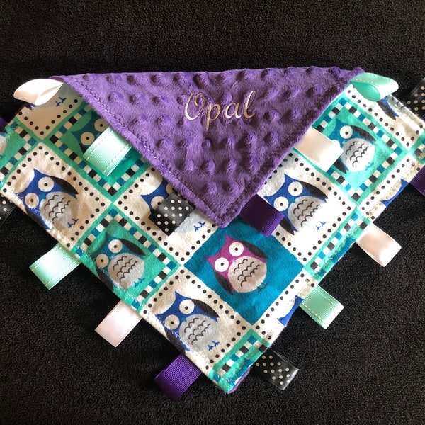 Owls, Purple, Teal and Black Sensory Baby Blanket Toy