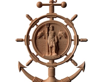 Captain's Carved Wood Sculpture: Neptune, Anchor & Helm.