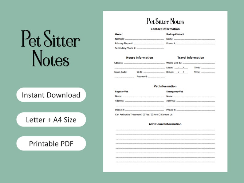 Pet Sitter Notes & Report Card Printable PDF Template (Download Now) Etsy