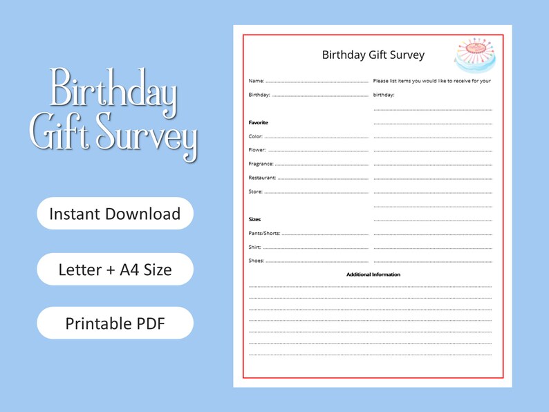 Birthday Gift Survey Printable PDF Template - Etsy