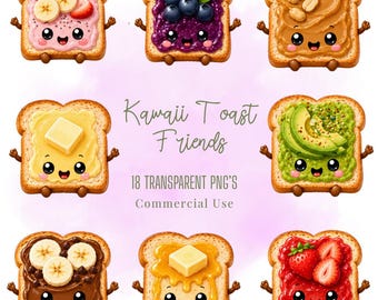 Kawaii Toast Friends Clipart PNG Bundle Kawaii Pastel Food Characters