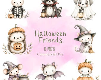 Bundle de cliparts amis Halloween, illustrations PNG Kawaii pastel (téléchargement numérique)