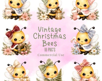 Vintage Christmas Bees Clipart Bundle, Kawaii Bee Illustrations