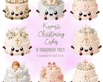 Kawaii Christening Cakes Clipart PNG Bundle Kawaii Pastel Food Characters