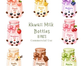 Kawaii Milk Bottle Friends Clipart PNG Bundle Kawaii Pastel Food Characters