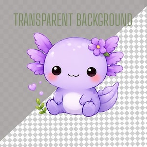 K&ouml;nnte beinhalten: Cartoon-Illustration eines lila Axolotl mit gro&szlig;en schwarzen Augen, rosa Wangen und einer Blume. Das Axolotl sitzt, mit einem kleinen Zweig Bl&auml;ttern und einem Herzen. Der Text "TRANSPARENT BACKGROUND" steht oben.
