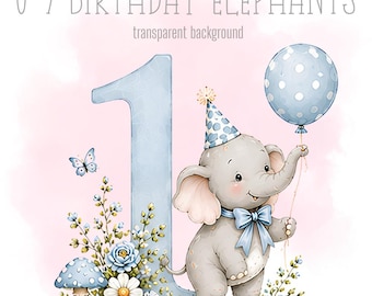 Blue Birthday Elephants, 1-9 PNG, Little elephants, Sublimation Design, animal Clipart, Trending Milstone Art, Instant Digital Download