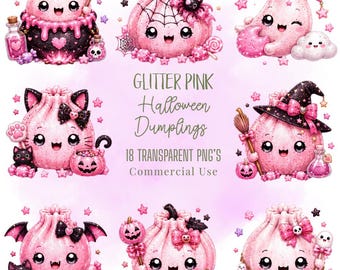 Bundle de cliparts de boulettes d'Halloween roses kawaii, personnages alimentaires pastel scintillants (téléchargement numérique)