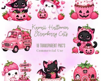 Lot de cliparts Kawaii Halloween fraises chats (18 PNG)