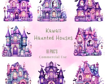 Kawaii Haunted Houses Clipart, PNG Bundle (Digital Download)
