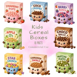 Könnte beinhalten: Eine Sammlung von acht illustrierten Müslischachteln mit anthropomorphen Schüsseln, gefüllt mit verschiedenen Müsli-Formen, darunter Strawberry Pops, Coco Crispies, Berry Bunch, Apple O's, Choco Balls, Star Crunch, Cinnamon Swirls und Matcha Puffs.
