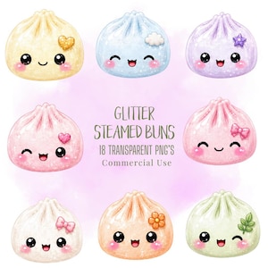 Puede incluir: Ilustración acuarela de nueve bollos al vapor estilo kawaii, cada uno con una cara sonriente y elementos decorativos. El texto "Glitter Steamed Buns" y "18 Transparent PNG's Commercial Use" también está incluido.