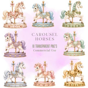 May include: A collection of eight watercolour carousel horses in various pastel colours, each mounted on a gold pole and circular base. The text CAROUSEL HORSES 18 TRANSPARENT PNG'S Commercial Use is centred in the middle of the image.