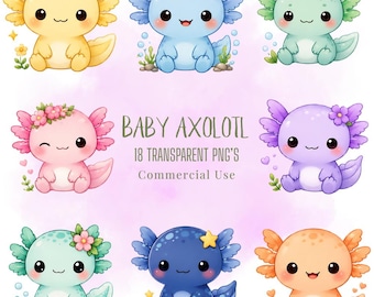 Pastell Kawaii Axolotl Clipart PNG Set: Aquarell Baby Tiere (Digitaler Download)