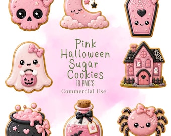 May include: A collection of eight pink Halloween-themed sugar cookies featuring a skull, crescent moon, coffin, ghost, haunted house, cauldron, potion bottle, and spider. The text reads Pink Halloween Sugar Cookies 18 PNG's Commercial Use.