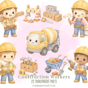 Può includere: Illustrazione ad acquerello di operai edili e attrezzature. L'immagine include un camion di cemento giallo, una carriola con mattoni e vari strumenti. È incluso anche il testo "Construction Workers" e "22 Transparent PNG's".