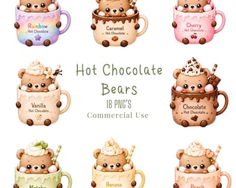 Kawaii Hot Chocolate Bears Clipart PNG Bundle Kawaii Pastel Food Characters