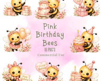 Clipartbundel roze verjaardagsbijen, kawaii bij, verjaardagsillustraties