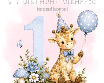 Blue Birthday Giraffes, 1-9 PNG, Little bears, Sublimation Design, Sweet animal Clipart, Trending milestones, Instant Digital Download