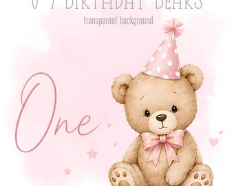 Pink Birthday Bears, 1-9 PNG, Little bears, Sublimation Design, Sweet teddy Clipart, Trending bears, Instant Digital Download