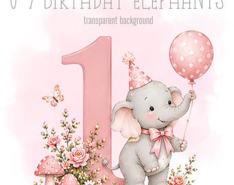 Pink Birthday Elephants, 1-9 PNG, Little elephants, Sublimation Design, animal Clipart, Trending Milstone Art, Instant Digital Download