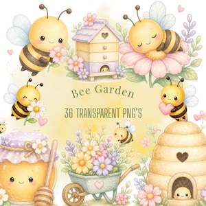 May include: Watercolor illustration featuring adorable cartoon bees, flowers, a beehive, and a honey jar. The image includes the text "Bee Garden" and "36 Transparent PNG's". The color palette is soft, with pastel yellows, pinks, and purples.