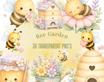 Pastel bijentuin clipartbundel, kawaii bijillustraties (36 png-bestanden)