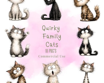 Quirky Family Cats Clipart Bundle, Silly Kittens PNGs, Commercial Use