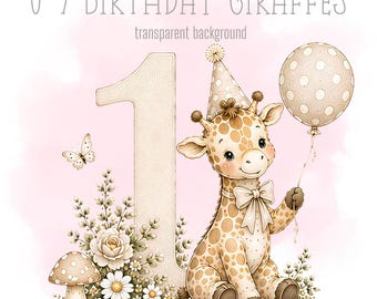 Neutral Birthday Giraffes, 1-9 PNG, Little Giraffes, Sublimation Design, Sweet animal Clipart, Trending milestones, Instant Digital Download
