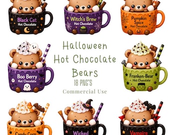 Halloween Hot Chocolate Bears Clipart PNG Bundle Kawaii Pastel Food Characters