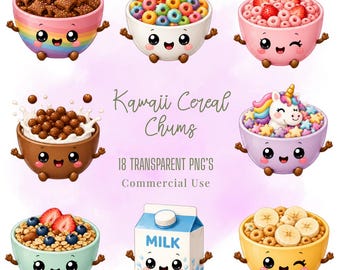 Kawaii Cereal Chums Clipart PNG Bundle Kawaii Pastel Food Characters