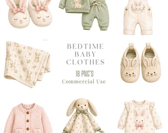 Bedtime Baby Clothes Clipart PNG Bundle |  Nursery Watercolour Clipart | Baby Shower  | Nursery Decor PNG |