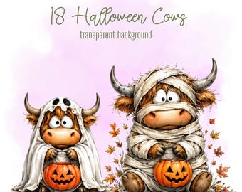 Halloween Highland Cows Clipart Bundle, Pastel Kawaii PNG Illustrations (Digital Download)