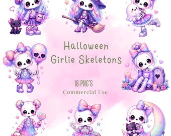 Kawaii Halloween Girlie Skeletons Clipart, PNG Bundle (Digital Download)