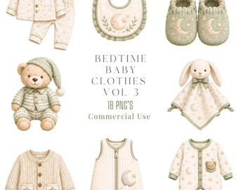 Bedtime Baby Clothes Clipart PNG Bundle |  Nursery Watercolour Clipart | Baby Shower  | Nursery Decor PNG |