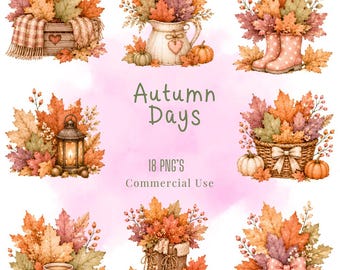 Pacote de Clipart Dias de Outono, Ilustrações PNG Kawaii em Tons Pastel (Download Digital)