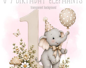 Neutral Birthday Elephants, 1-9 PNG, Little elephants, Sublimation Design, animal Clipart, Trending Milstone Art, Instant Digital Download