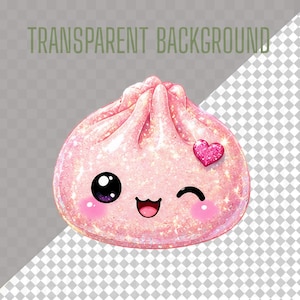 K&ouml;nnte beinhalten: Ein rosa, glitzernder Kn&ouml;del mit Kawaii-Design. Der Kn&ouml;del hat ein l&auml;chelndes Gesicht mit einem zwinkernden Auge, rosigen Wangen und einem kleinen Herzen. Der Text "TRANSPARENT BACKGROUND" steht oben.