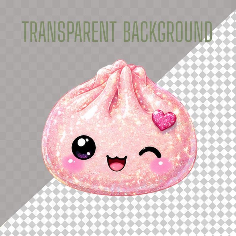 K&ouml;nnte beinhalten: Ein rosa, glitzernder Kn&ouml;del mit Kawaii-Design. Der Kn&ouml;del hat ein l&auml;chelndes Gesicht mit einem zwinkernden Auge, rosigen Wangen und einem kleinen Herzen. Der Text "TRANSPARENT BACKGROUND" steht oben.