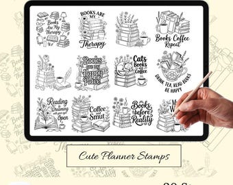 Bookish Procreate Stamp Brushes, Reading Planner Stamps, Coffee Book Stickers Set