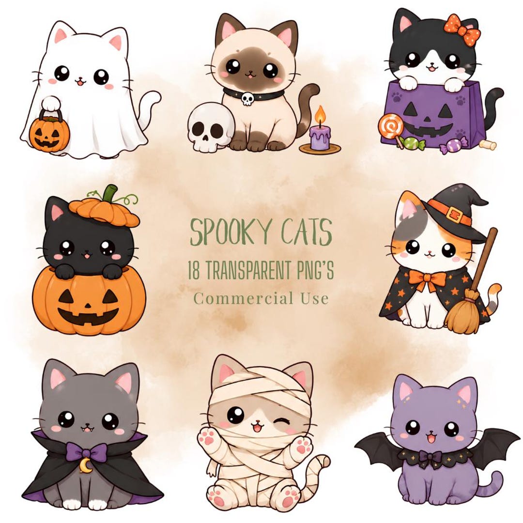 Kawaii Spooky Cats Clipart, Cute Halloween Cats PNG Bundle, Digital ...