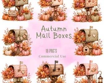 Bundle de cliparts de boîtes aux lettres automne, illustrations pastel kawaii PNG (téléchargement numérique)